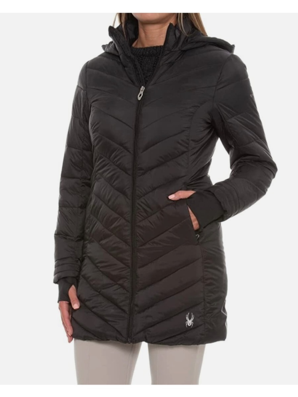 Spyder Boundless Long Puffer Jacket Coat Black XL Chevron Quilting Attached Hood